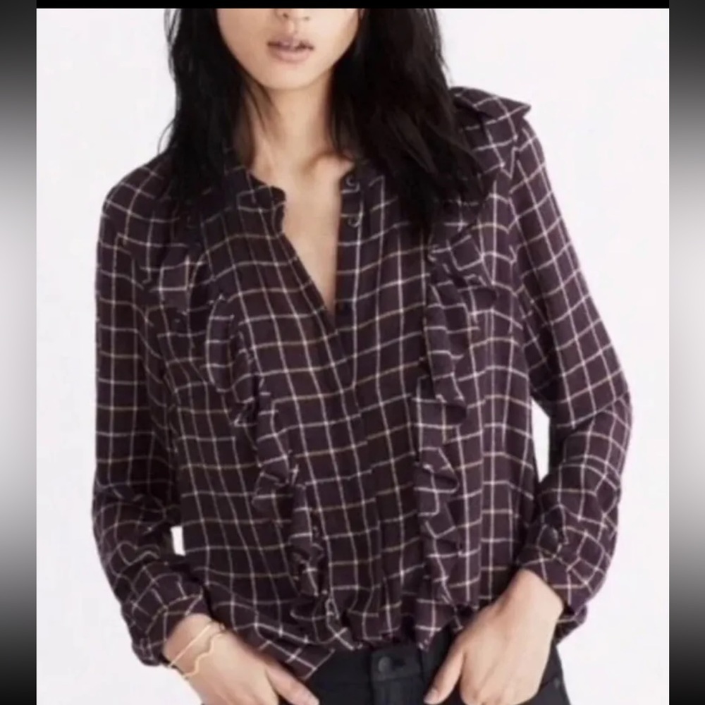 Madewell wool blend ruffle front deep plum  brown metallic plaid top size large